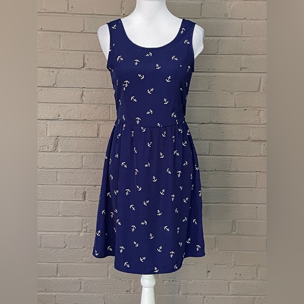 Sleeveless Navy blue & white Nautical Anchor print dress M